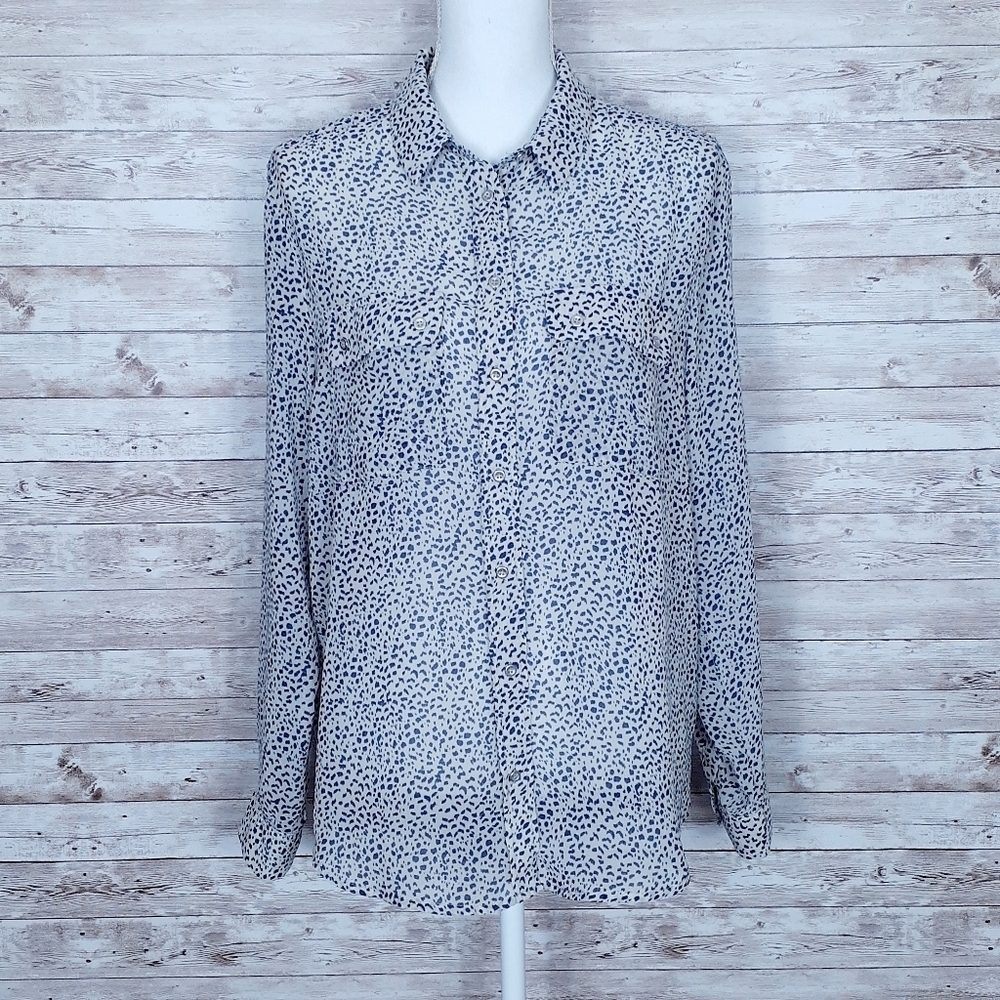 Mango Button Up Blouse Beige Blue L Sheer 234